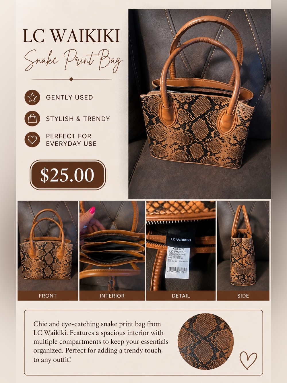 LC Waikiki Brown Snake-Print Tote